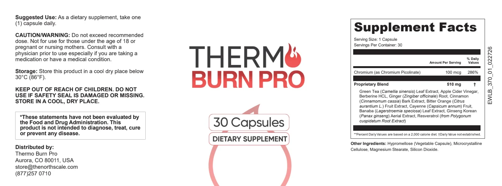 Thermo Burn Pro printed Supplement Facts label
